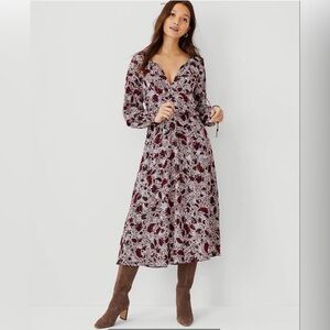 Ann Taylor Large Red Floral Shimmer Metallic Long Sleeve Midi Dress